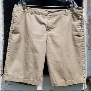 Lands' End Khaki Plain Front Cotton Blend Bermuda Shorts